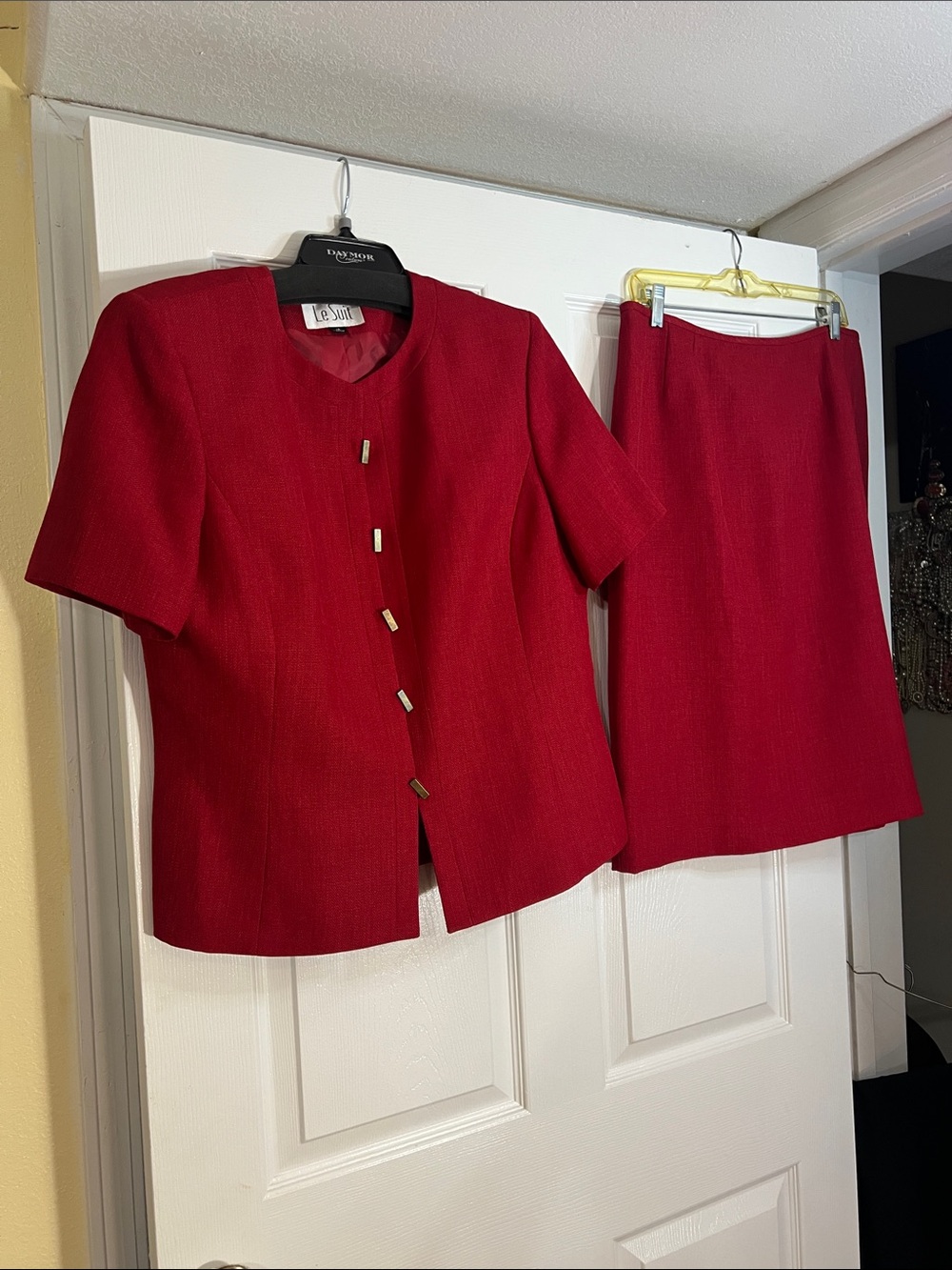 Le Suit Vibrant Red Short-Sleeve Jacket and Matching Skirt